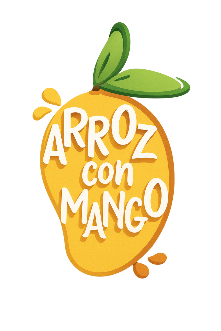 Mango-shaped logo with 'Arroz con Mango' text on a white background